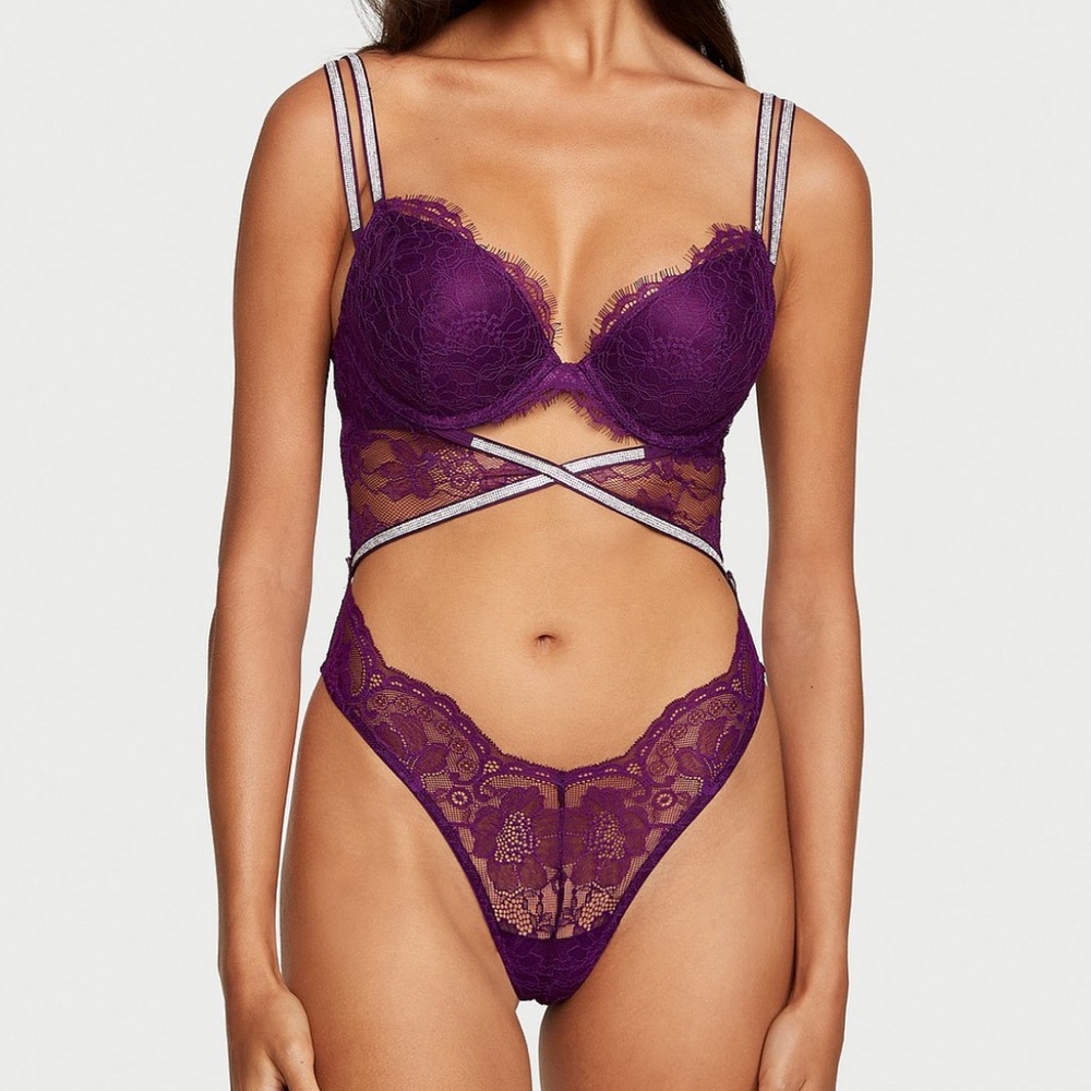 VS double shine strap lace push up teddy XL NWT